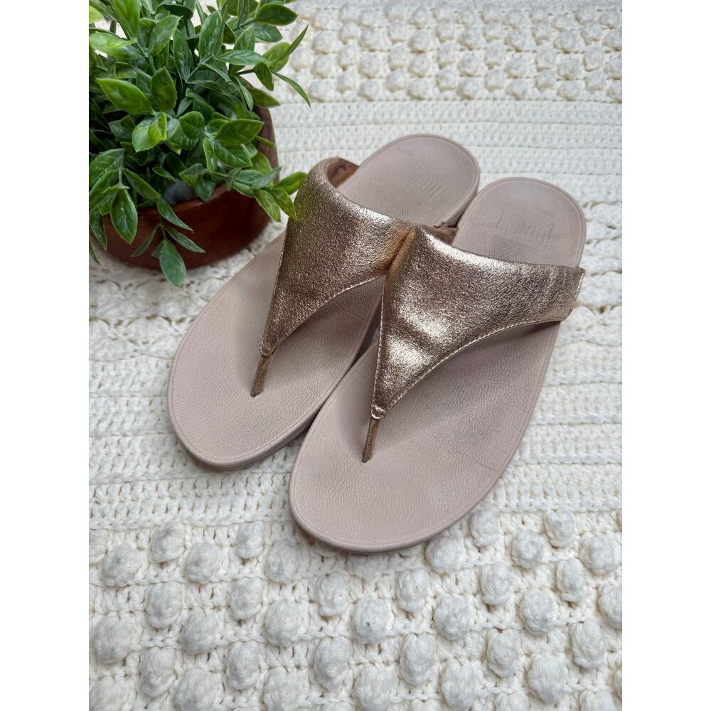 FITFLOP Women's 9 LULU Leather Toe Post Sandal Shoes Pink Rose Gold Glitter - Picture 3 of 12